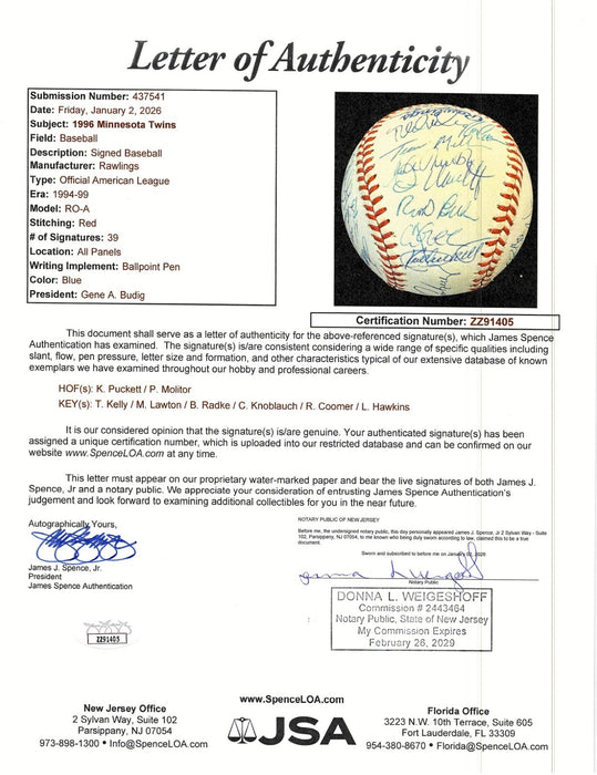 Kirby Puckett 1996 Minnesota Twins Team Signed Baseball JSA COA
