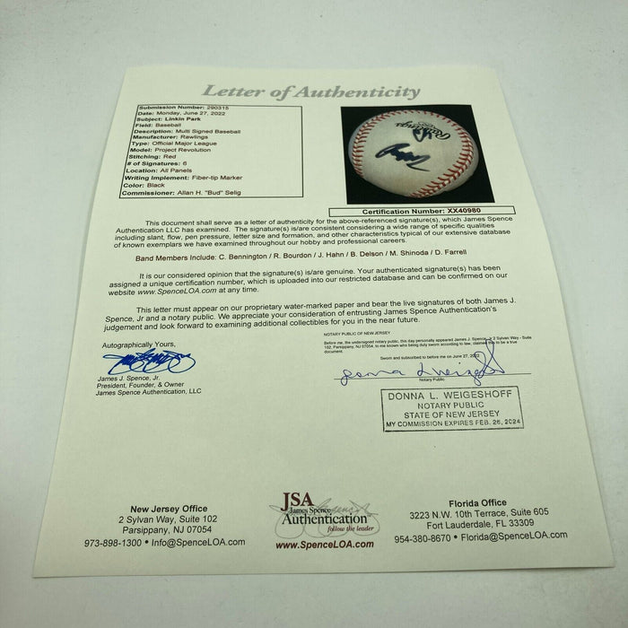 Linkin Park Band Signed Baseball 6 Signatures With Chester Bennington JSA COA