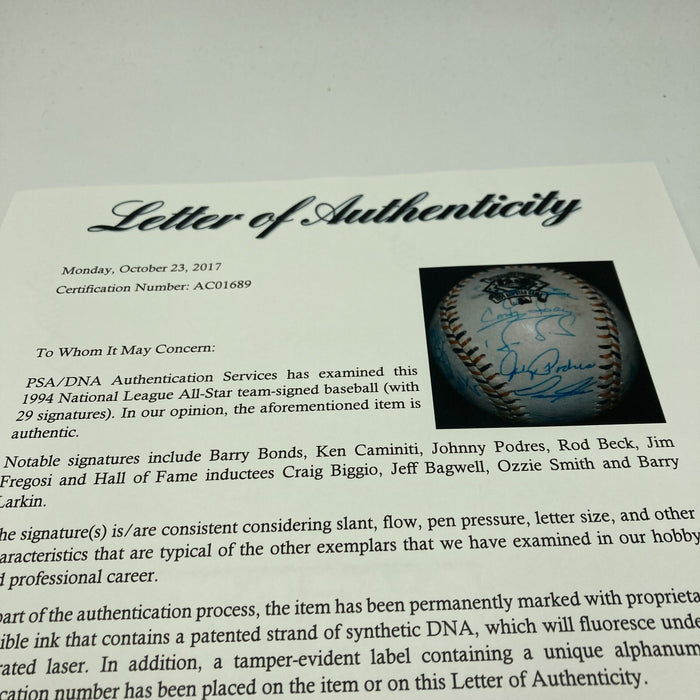 1994 All Star Game National League Team Signed Baseball Barry Bonds PSA DNA COA