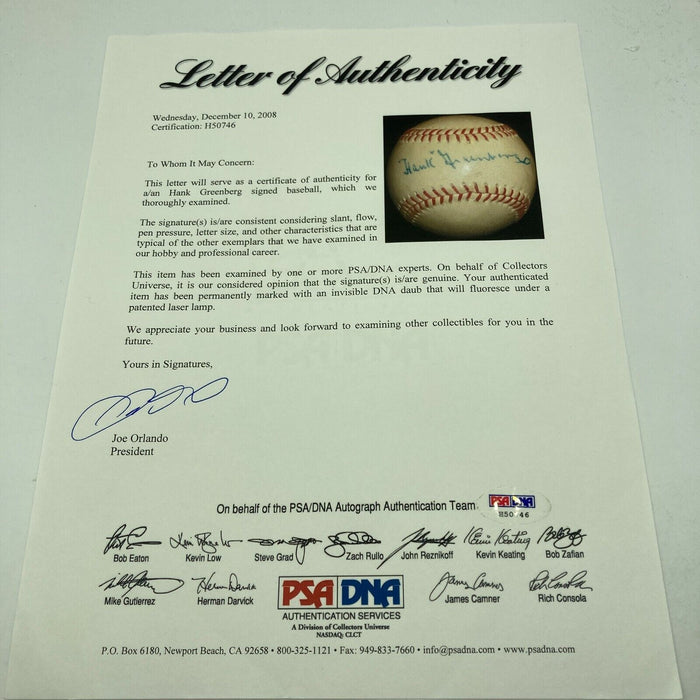 Stunning Hank Greenberg Single Signed Vintage 1940's Baseball PSA DNA & JSA COA