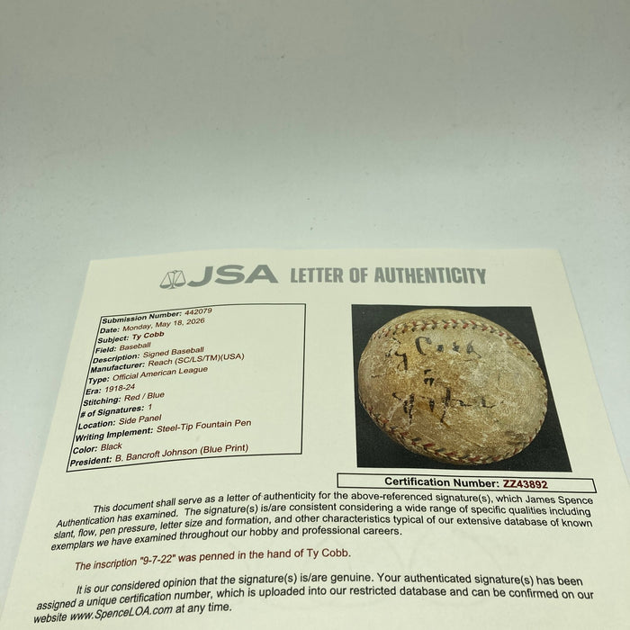 Ty Cobb 1922 Single Signed Game Used American League Baseball JSA COA RARE