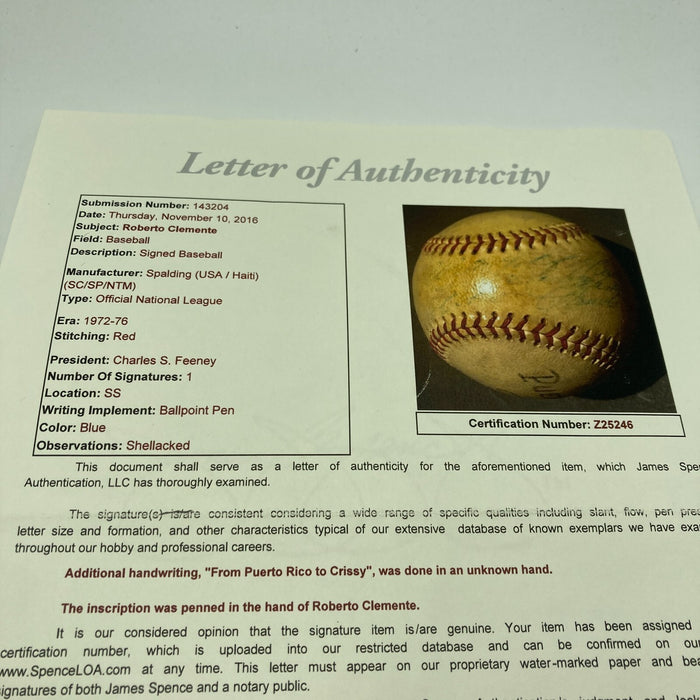 Roberto Clemente Single Signed 1972 National League Feeney Baseball JSA COA