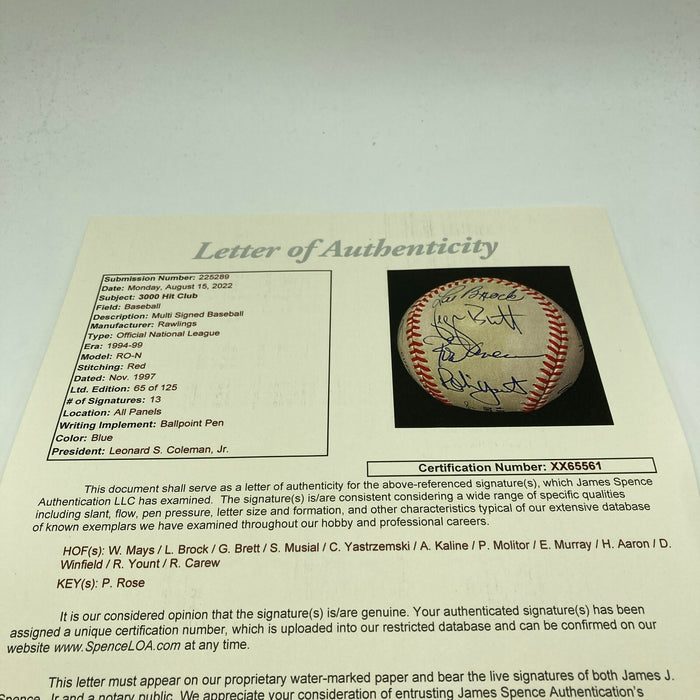 3,000 Hit Club Signed Baseball 13 Sigs Willie Mays Hank Aaron Stan Musial JSA