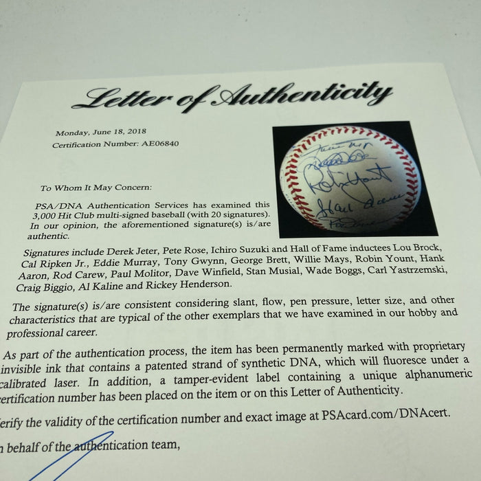 3000 Hit Club Signed Baseball 20 Sigs Willie Mays Derek Jeter Ichiro PSA