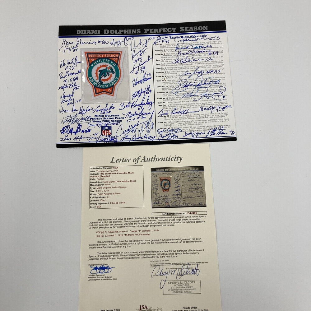 1972 Miami Dolphins Super Bowl Champs Team Signed Commemorative Patch JSA COA