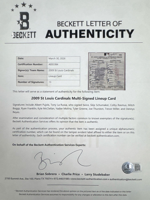 2009 St. Louis Cardinals Team Signed Game Used Lineup Card Albert Pujols Beckett