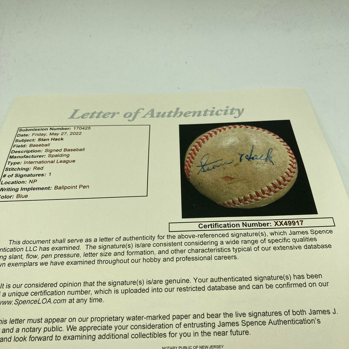 Stan Hack Single Signed 1950's Official Minor League Game Baseball JSA COA Cubs