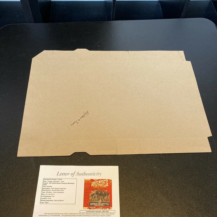1987 Minnesota Twins World Series Champs Team Signed Wheaties Box With JSA COA