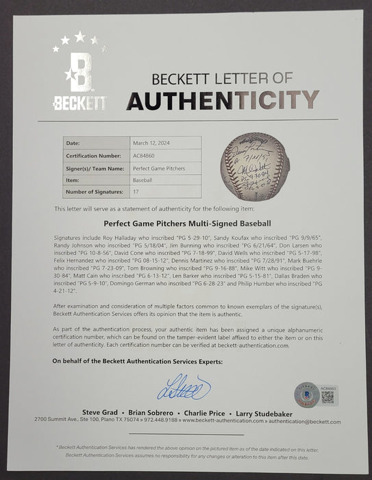 RARE Perfect Game Pitchers Signed Baseball Complete With 17 Sigs Beckett COA