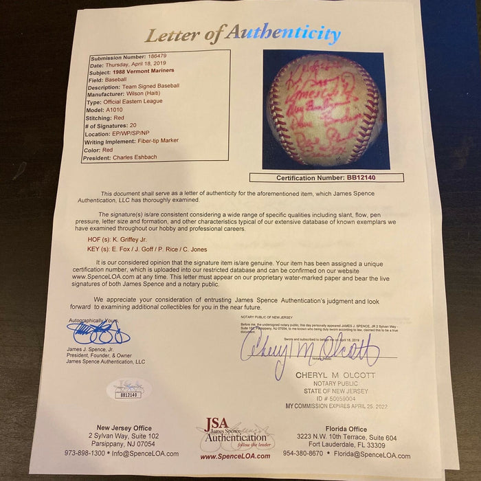 Ken Griffey Jr. Pre Rookie 1988 Vermont Mariners Team Signed Baseball JSA COA