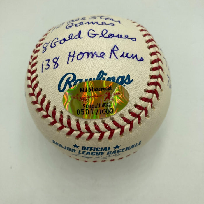 Bill Mazeroski Signed Heavily Inscribed Career STAT Baseball Reggie Jackson COA