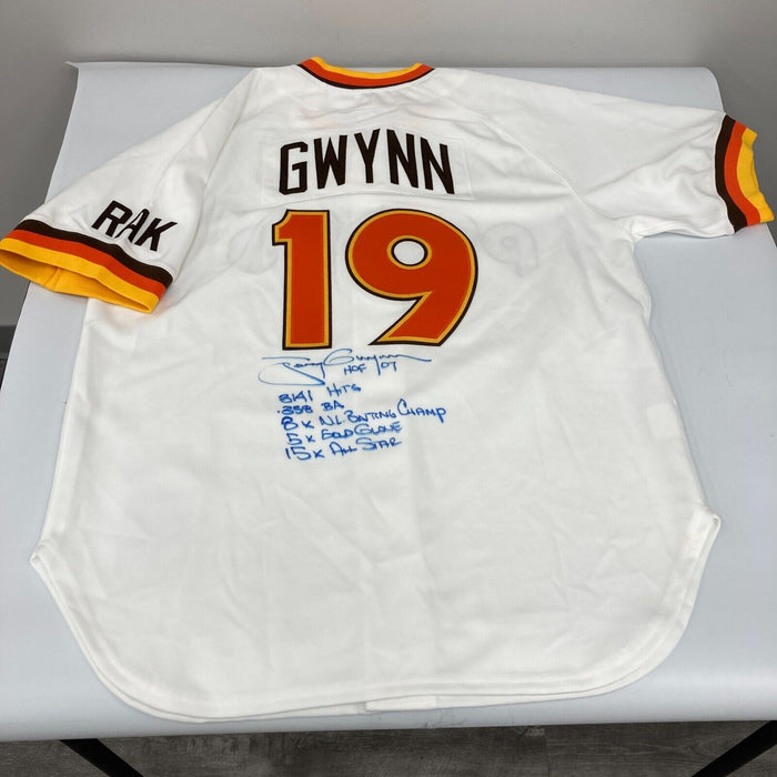 Tony Gwynn Signed Heavily Inscribed STATS San Diego Padres Authentic Jersey PSA
