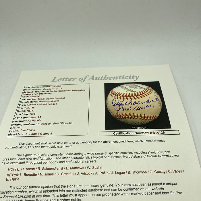 1957 Milwaukee Braves World Series Champs Team Signed Baseball JSA COA