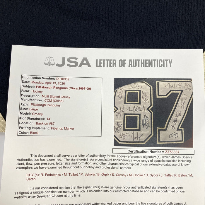 Sidney Crosby 2007-2009 Pittsburgh Penguins Team Signed Hockey Jersey JSA COA