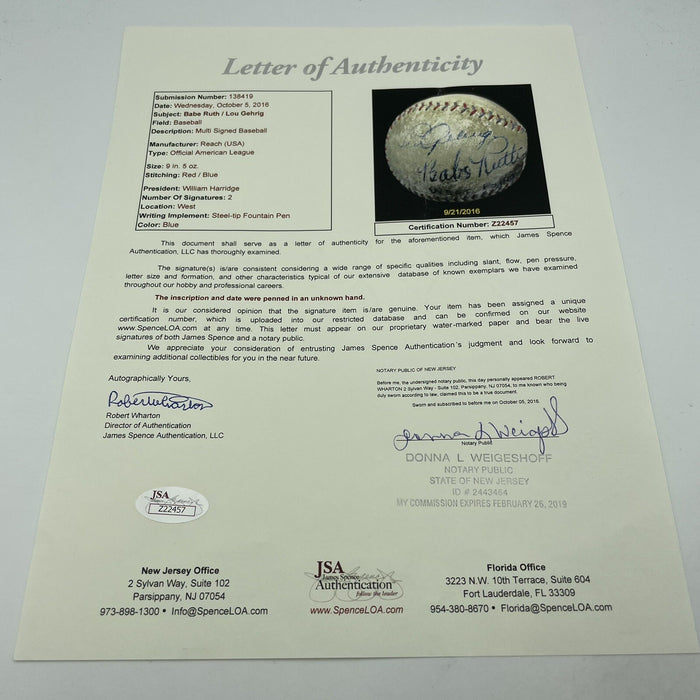 Stunning Babe Ruth & Lou Gehrig Signed American League Baseball PSA DNA & JSA