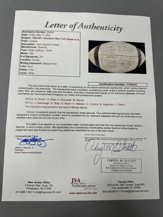 1956 New York Giants NFL Champions Team Signed Football With Mickey Mantle JSA