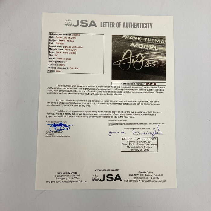 Frank Thomas Signed 1990's Worth Game Model Baseball Bat JSA COA