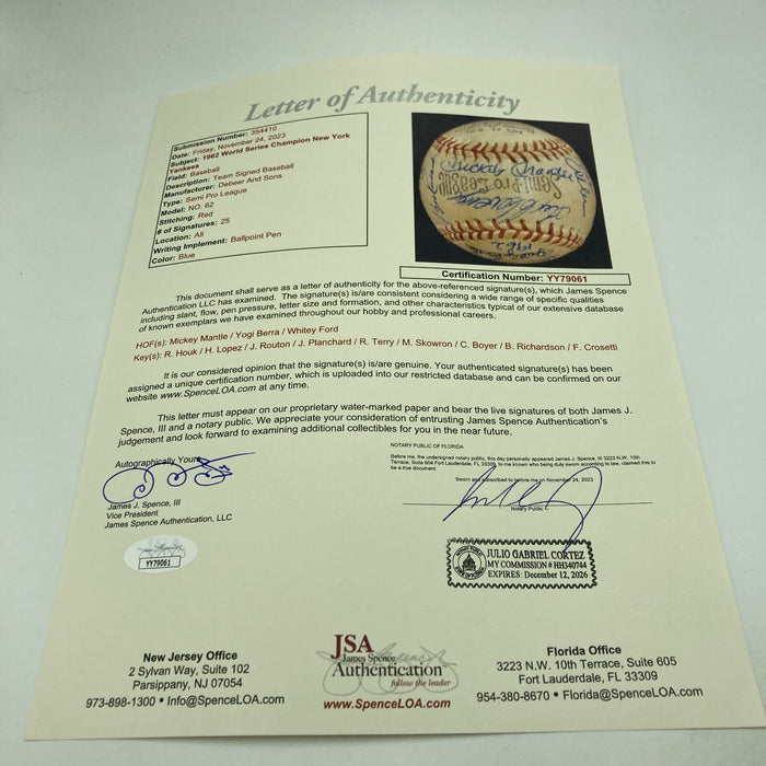 1962 New York Yankees W.S. Champs Team Signed Baseball Mickey Mantle JSA COA