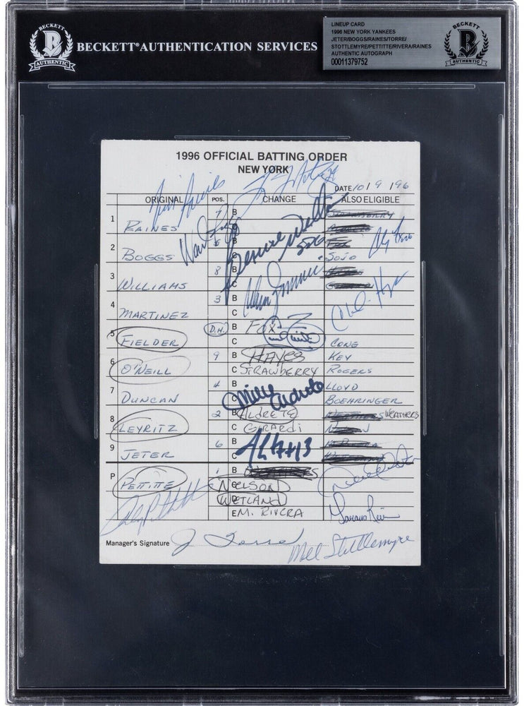 1996 Yankees ALCS Game 1 Signed Lineup Card Jeffrey Maier Derek Jeter Home Run