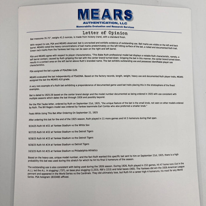 The Finest Babe Ruth 1925-1926 Game Used Bat PSA 9 & MEARS 10 COA