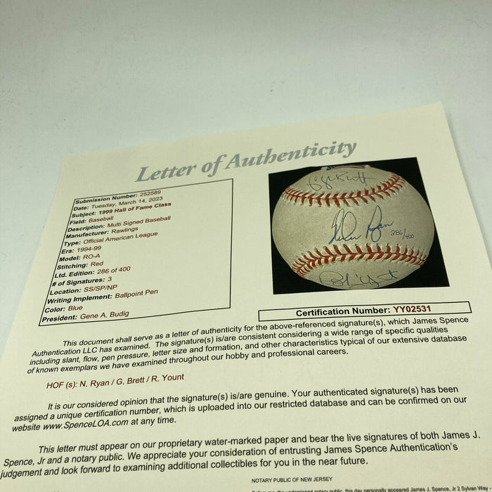 Nolan Ryan George Brett Robin Yount 1999 HOF Induction Signed Baseball JSA COA