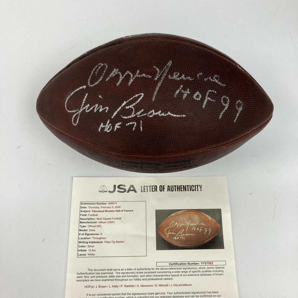 Jim Brown Leroy Kelly Paul Warfield Cleveland Browns HOF Signed Football JSA COA