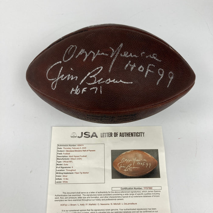 Jim Brown Leroy Kelly Paul Warfield Cleveland Browns HOF Signed Football JSA COA
