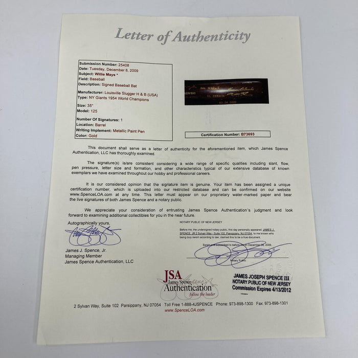 Willie Mays Signed 1954 World Series Presentation Baseball Bat JSA COA RARE