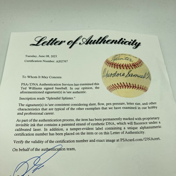 Ted Williams "The Splendid Splinter" Full Name Signed Baseball PSA DNA COA
