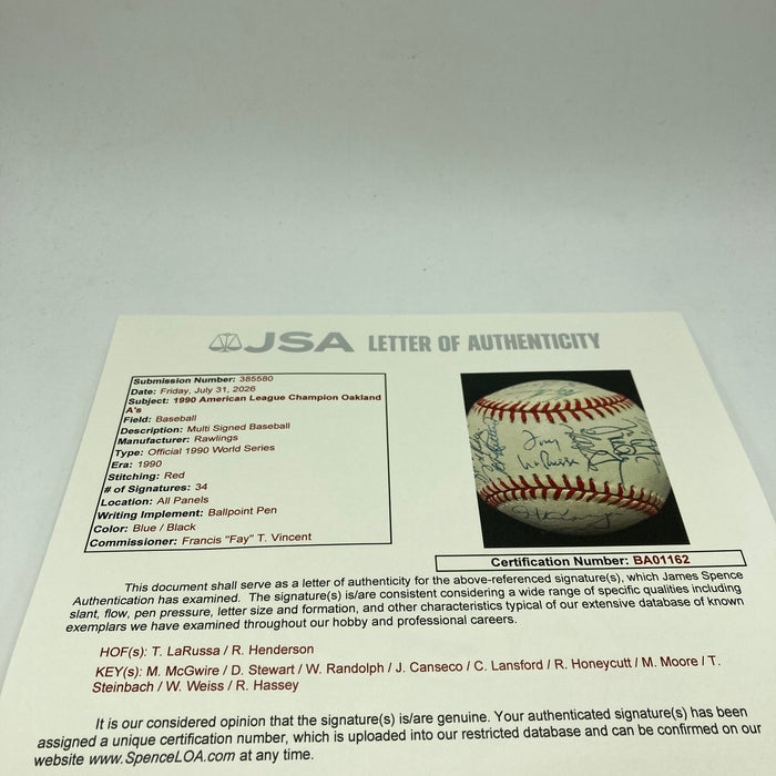 1990 Oakland A's American League Champs Team Signed Baseball JSA COA
