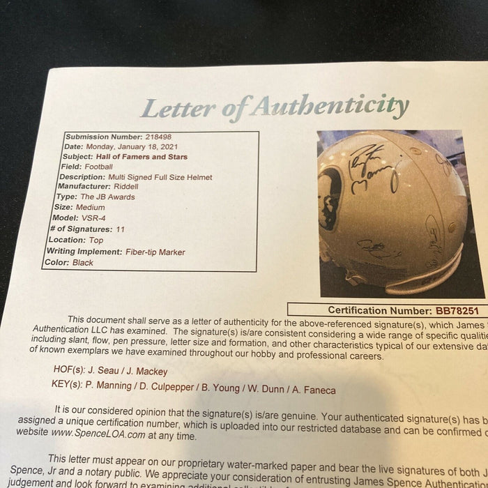 Peyton Manning & Junior Seau Multi Signed JB Awards Full Size Helmet JSA COA