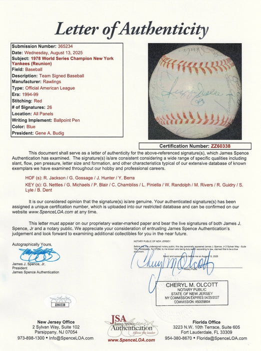 1978 Yankees World Series Champs Team Signed Baseball JSA COA