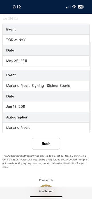 Mariano Rivera 1000th Appearance 5-25-2011 Signed Game Used Baseball Steiner COA