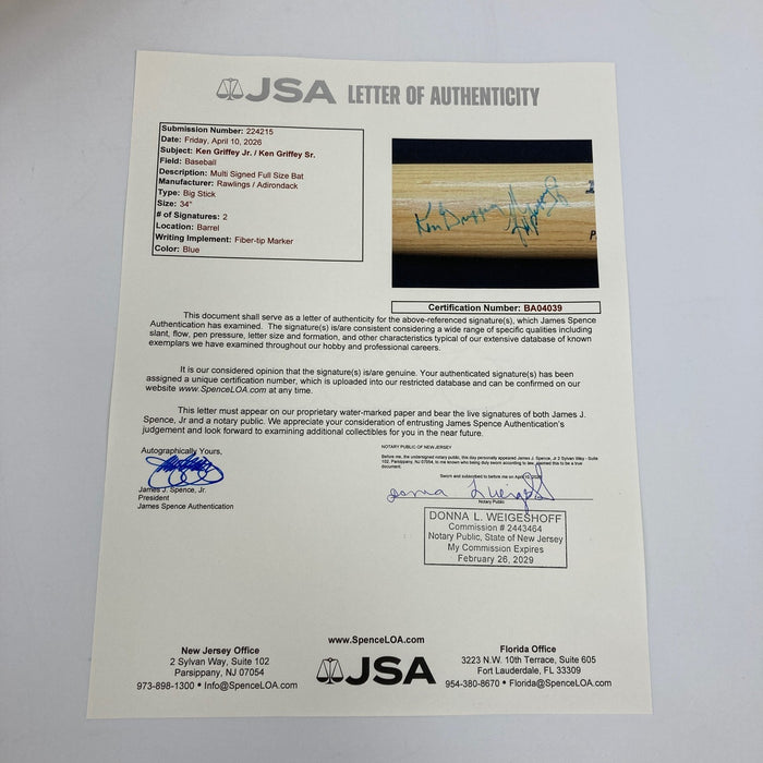 Ken Griffey Jr. & Ken Griffey Sr. Signed Rawlings Baseball Bat JSA COA