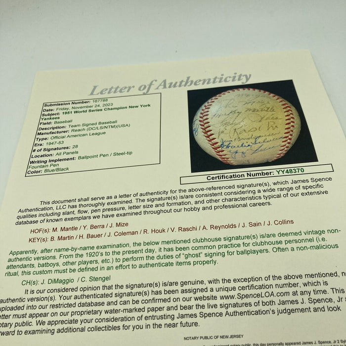 1951 Yankees World Series Champs Team Signed Baseball Mickey Mantle Rookie JSA