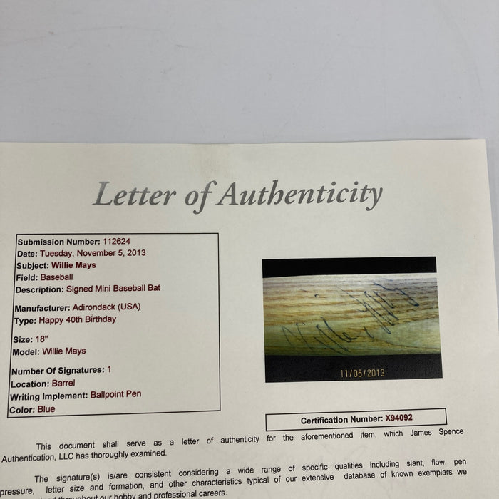 RARE Willie Mays Signed 1971 40th Birthday Mini Baseball Bat JSA COA