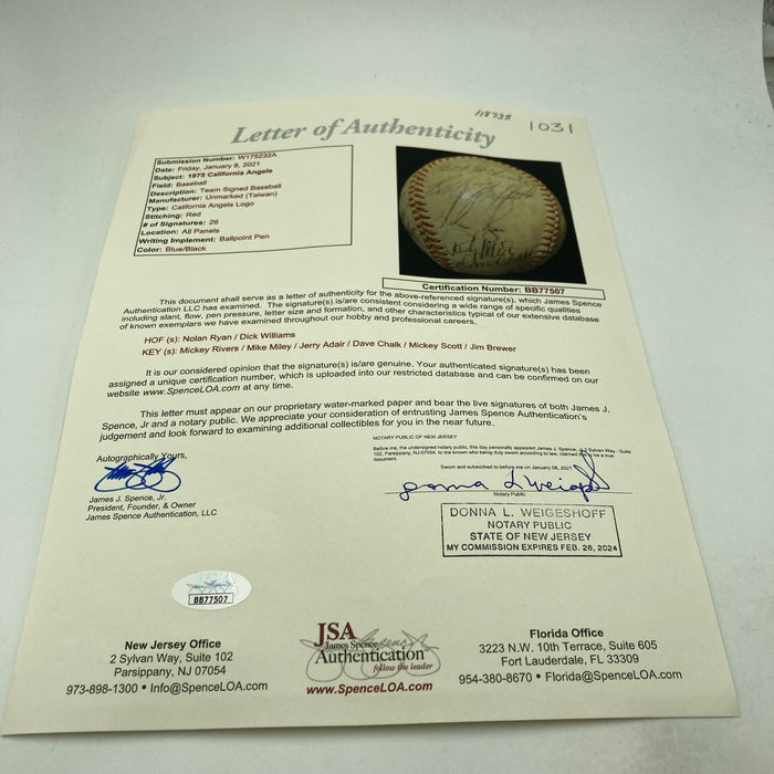 1975 California Angels Team Signed Baseball Nolan Ryan JSA COA