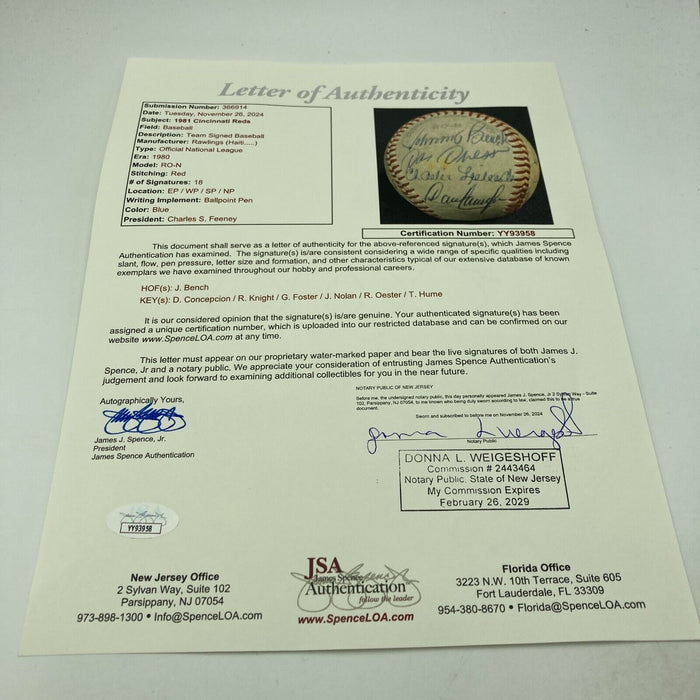 1981 Cincinnati Reds Team Signed National League Baseball Johnny Bench JSA COA