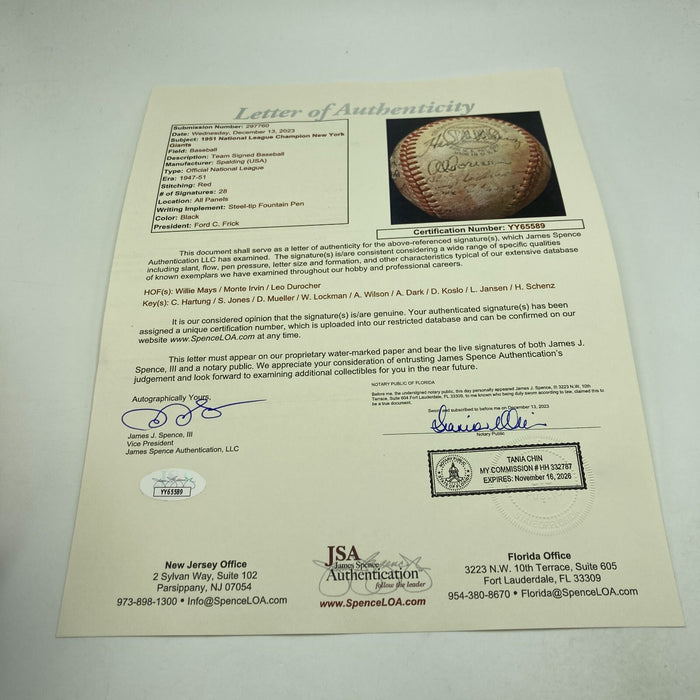 Willie Mays Rookie 1951 New York Giants Team Signed Baseball JSA COA