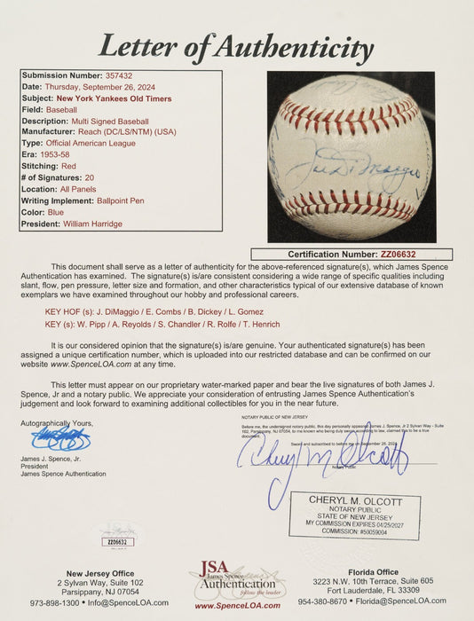 1920's-50's Yankees Legends HOF Signed Baseball Joe Dimaggio JSA COA