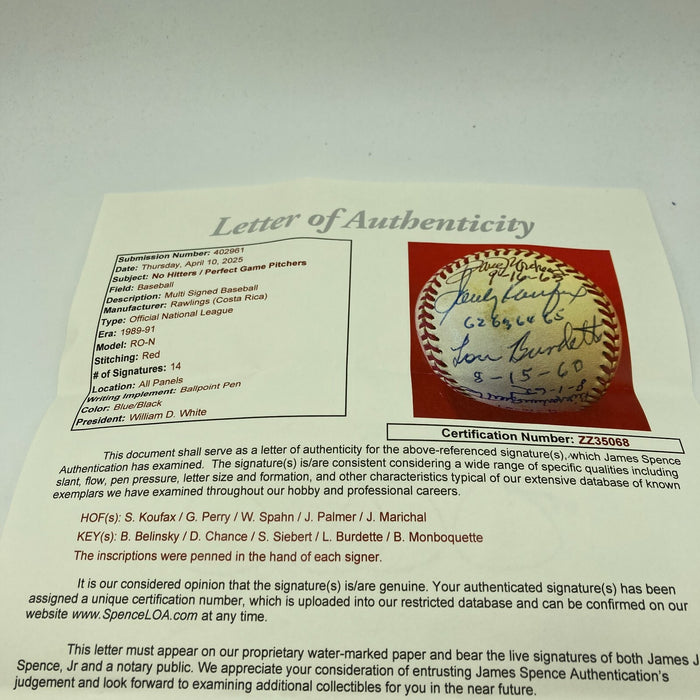 Perfect Game & No Hitter Multi Signed Baseball Sandy Koufax 14 Sigs JSA COA