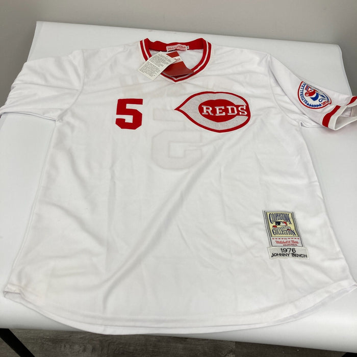 Johnny Bench Signed Inscribed Cincinnati Reds STAT Mitchell & Ness Jersey JSA