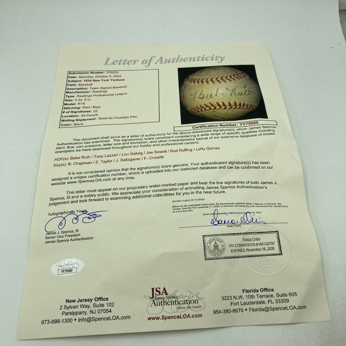 Babe Ruth & Lou Gehrig 1934 New York Yankees Team Signed Baseball JSA COA