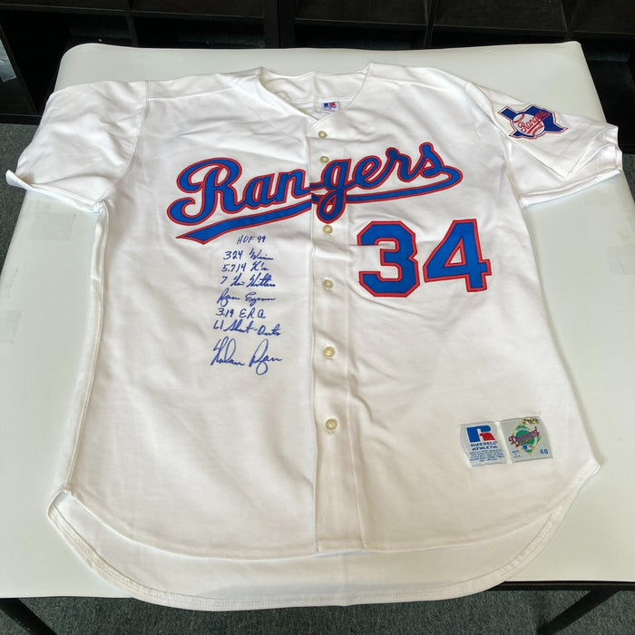 Nolan Ryan Signed Heavily Inscribed Texas Rangers Game Model STAT Jersey JSA COA