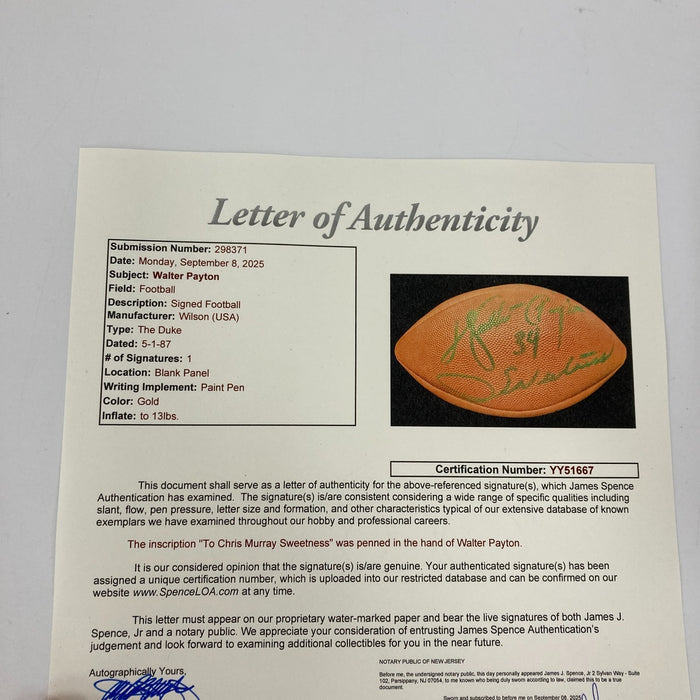 Walter Payton "Sweetness" Signed Authentic Wilson NFL Football JSA COA