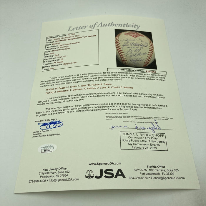 1996 Yankees Team Signed World Series Baseball Derek Jeter Mariano Rivera JSA