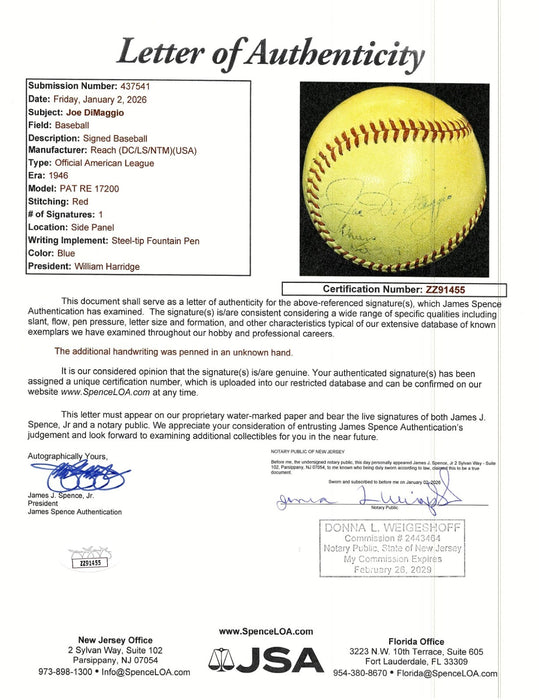 Joe Dimaggio 1947 World Series Game 3 Single Signed AL Harridge Baseball JSA