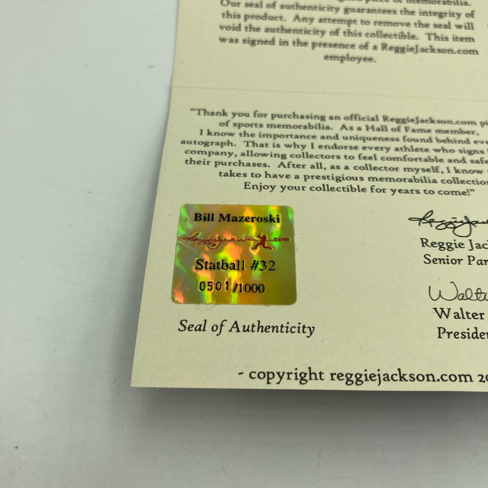 Bill Mazeroski Signed Heavily Inscribed Career STAT Baseball Reggie Jackson COA