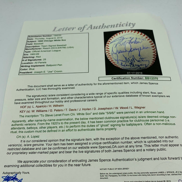 Beautiful 1968 Chicago White Sox Team Signed American League Baseball JSA COA