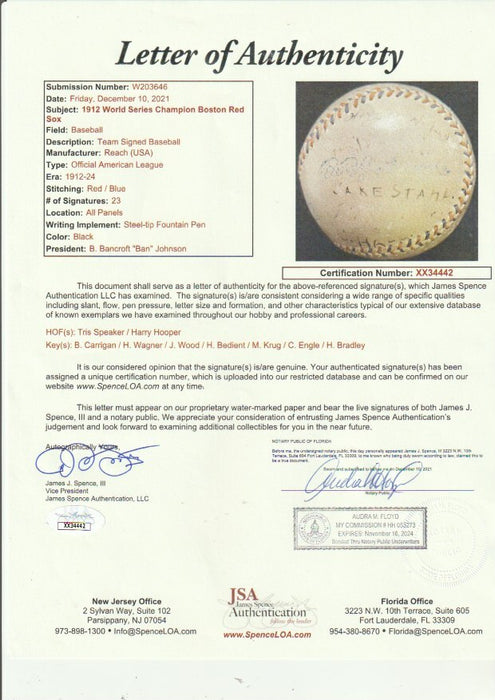 Historic 1912 Boston Red Sox World Series Champs Team Signed Baseball JSA COA